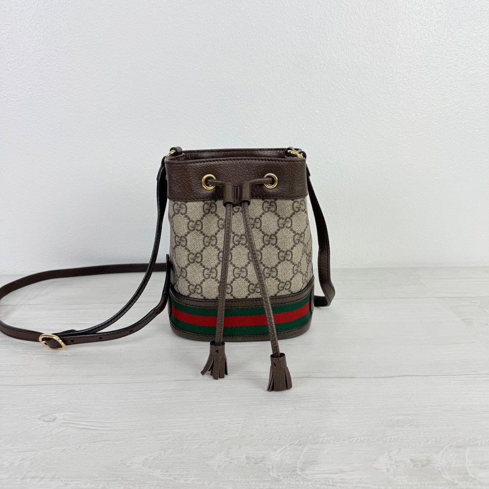 Gucci Ophidia Mini Bucket Crossbody Bag GG Supreme Web Stripe Tassel Luxury Chic